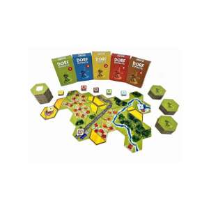 Dorfromantik társasjáték, játékelemek, hatszögletű csempék, szélmalom, falu, folyó, erdő, mezők - Gémklub