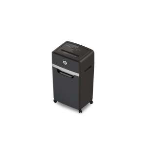 HP Pro Shredder 24CC, fekete iratmegsemmisítő kerekekkel, 3/4 nézet - Irodatechnika