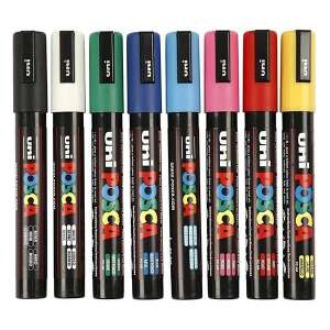 UNI Posca PC-5M 8-teiliges Set mit 1,8-2,5 mm dicken, kugelspitzenförmigen Markern, schwarz, weiß, rot, grün, blau, hellblau, rosa, gelb - Marker