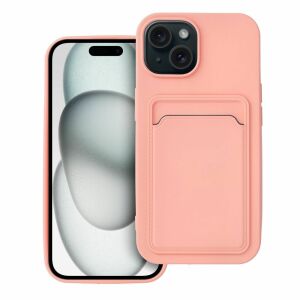 Pink iPhone 15 silicone case with card holder, front view - Haffner