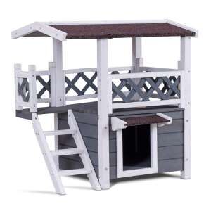 Timeless Tools Emeletes Kutya - Macskaház Kistetű Kedvenceknek 76x70x55 cm, Szürke, two-story dog and cat house with a balcony, grey and white - Dog House