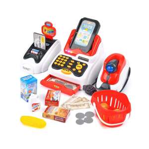 Timeless Tools Set de casă de marcat pentru joacă cu 24 de piese, inclusiv un cititor de carduri, un scaner de bani, un coș de cumpărături, bani de joacă și articole alimentare - Timeless Tools