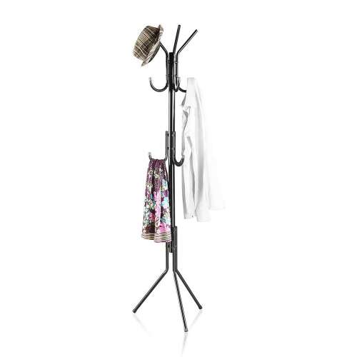 Black metal coat rack with 8 hooks, standing free, for hanging clothes, hats, scarves, and bags