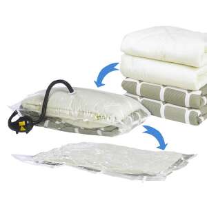Vacuum storage bags for clothes, blankets, and pillows, showing how to use the bags and the space saving results - Timeless Tools