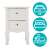 White bedside table with two drawers, Timeless Tools brand, with icons showing the product's features and uses