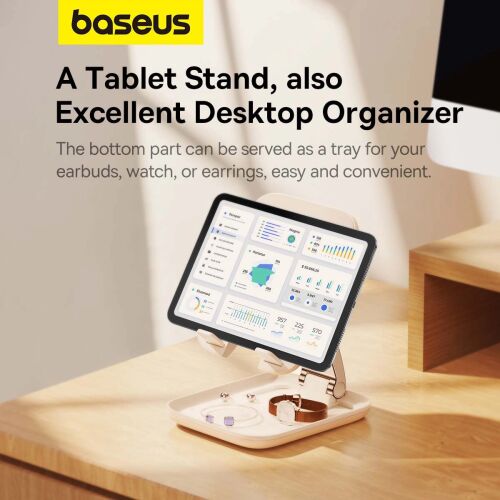 Baseus Seashell tablet stand, desktop organizer, pink, with tablet and accessories