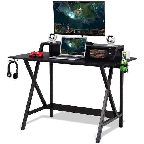 Herný stôl Timeless Tools Gamer, čierny herný stôl s držiakom na monitor, háčikom na slúchadlá, držiakom na pohár a správou káblov