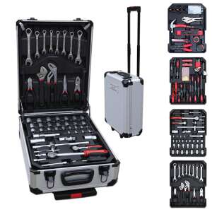 Timeless Tools 187-piece tool set in rolling suitcase, open view with tools and closed suitcase - Tool Set