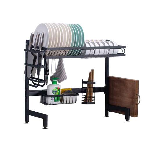 Timeless Tools Edényszárító mosogató fölé, szimpla dish drying rack over the sink, black, with storage for utensils, cutting board, and cleaning supplies