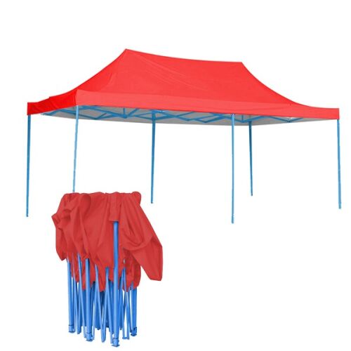 Red 2.9x5.7m folding garden gazebo, folded and unfolded