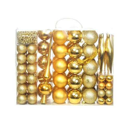 Timeless Tools 112 piece gold Christmas ornament set in a clear plastic box