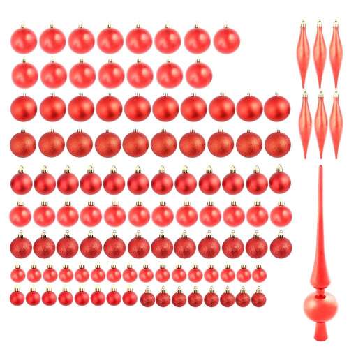 Timeless Tools 112 piece Christmas tree ornament set in red, includes ornaments, tree topper, boa, and bead garland