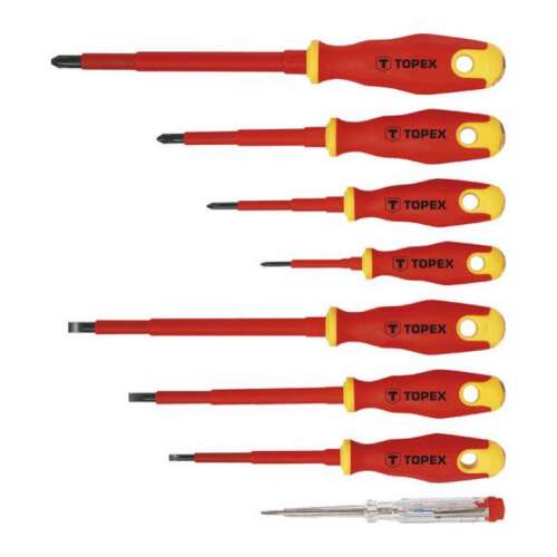 Topex 8 részes szigetelt csavarhúzó készlet, 1000V, különféle méretek és feszültségmérő
