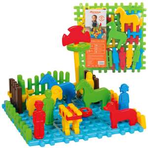 Marioinex Mini Farm 31 piece building set, assembled farm scene with animals, people, and fences - Wooden building game