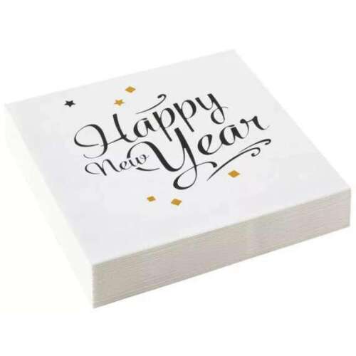 Happy New Year szalvéta, 20 db-os, 33x33 cm, fehér alapon fekete és arany mintával