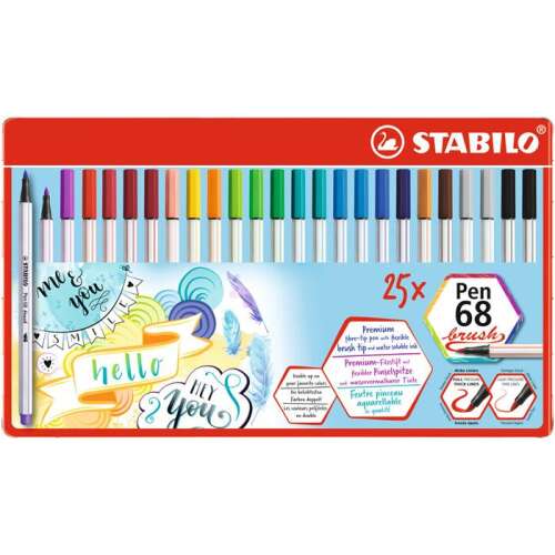 Set de stilouri cu pensulă, cutie metalică, STABILO "Pen 68 brush", 19 culori diferite