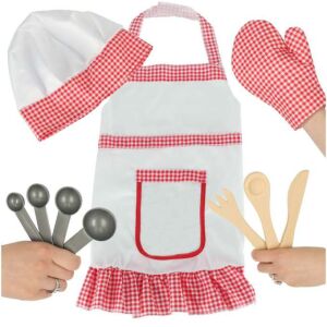 Ikonka Chef Costume Set for Kids with apron, hat, glove, measuring spoons and wooden utensils - Costume for Kid