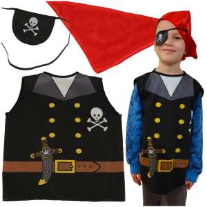 Pirate costume for kids, black vest with skull and crossbones, brown belt with dagger, red bandana, eye patch, 3-8 years old - Costume for Kid