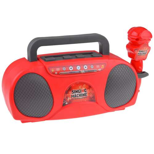 Red karaoke machine with microphone and speaker, Singing Machine brand