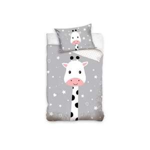 Set de lenjerie de pat pentru copii cu girafa, husa de pilota 90x120cm și husa de pernă 40x60cm, gri cu imprimeu de girafa alb și roz - Carbotex