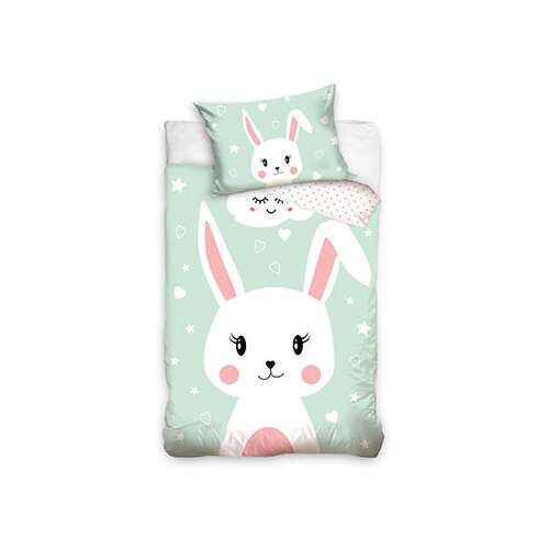 Nyuszi gyerek ágyneműhuzat garnitúra 90x120cm 40x60cm, mintás, pamut, ovis méretű, fehér nyuszi, zöld háttér, rózsaszín részletek