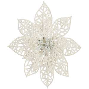 Springos white glitter poinsettia Christmas decoration - Christmas tree ornament