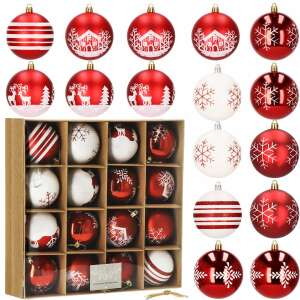 Set mit 16 Springos Weihnachtskugeln in Rot und Weiß mit verschiedenen Designs - Christbaumschmuck