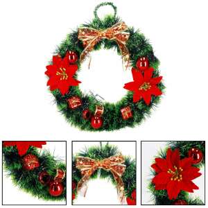 Springos Weihnachtskranz mit roten Weihnachtssternen, Ornamenten und einer goldenen Schleife - Collage - Springos