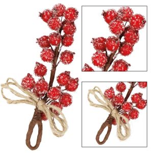 Springos Christmas decoration: Collage of red frosted berry pick with jute - Decorative pick
