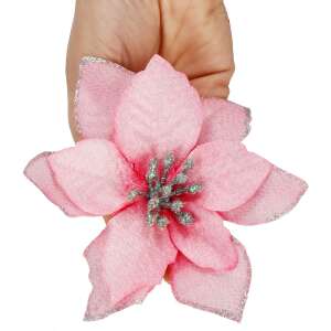 Pink glitter poinsettia flower with silver glitter center, Springos brand - Decorative pick
