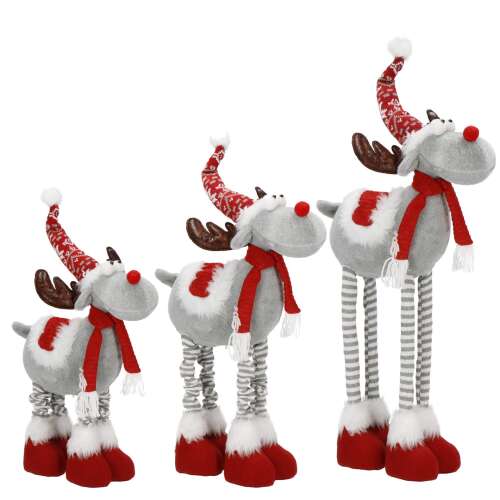 Springos Christmas reindeer decoration, 3 sizes, grey and red, standing, with hat and scarf