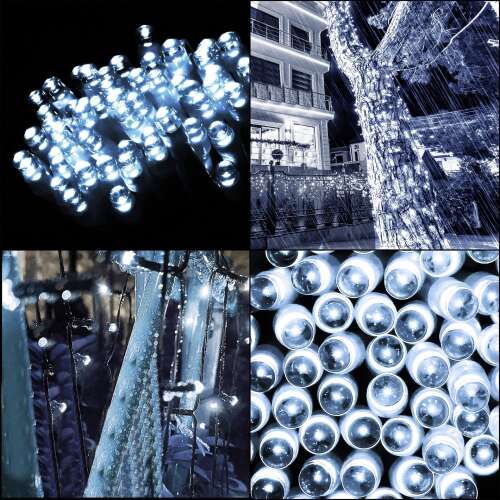 Luminițe de Crăciun Springos 300 LED, colag cu detalii apropiate și exemple de utilizare