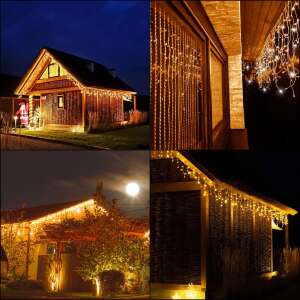 Collage of Springos icicle lights decorating houses - Christmas