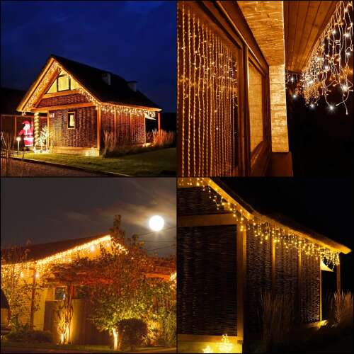 Collage of Springos icicle lights decorating houses