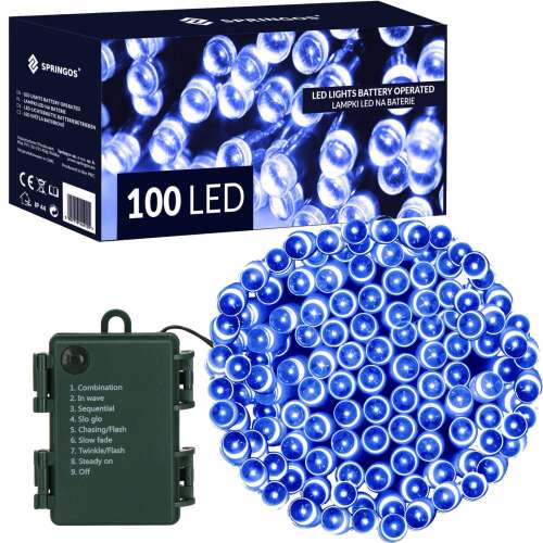 Springos blaue LED Lichterkette, 100 LEDs, batteriebetrieben, mit Steuerbox und Verpackung