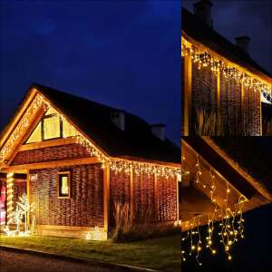 Springos Eiszapfen Lichterketten schmücken ein Haus bei Nacht, warmweiße und kaltweiße LEDs - Weihnachten