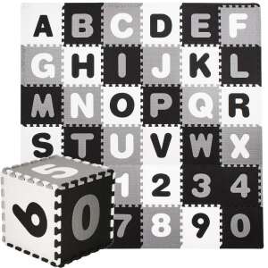 Habszőnyeg gyerekeknek, ábécé és számok puzzle típus, 110 db, hőszigetelés, 175x175 cm, fekete, szürke 83633162 Szivacs puzzle