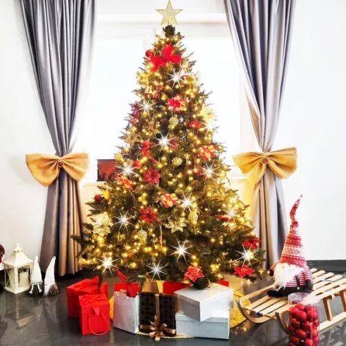 Christmas tree decorated with Springos lights and gifts underneath