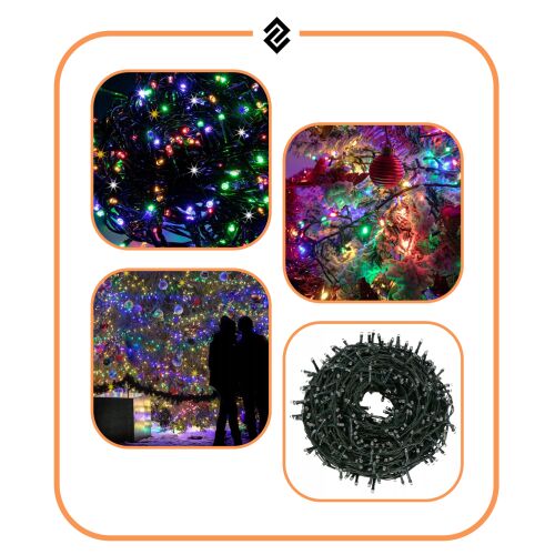 Collage von Springos LED-Weihnachtslichtern im Einsatz: Nahaufnahme, auf einem Baum und zur Dekoration eines öffentlichen Raums