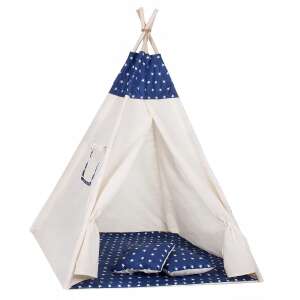 Cort copii Sersimo stil indian Teepee Tent cu fereastra, covoras gros si 2 perne, alb albastru inchis cu stelute 83645973 Corturi indiene