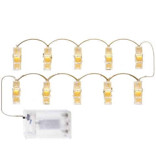 Springos 10 LED-es fényfüzér fotó csipeszekkel, meleg fehér, elemmel működő