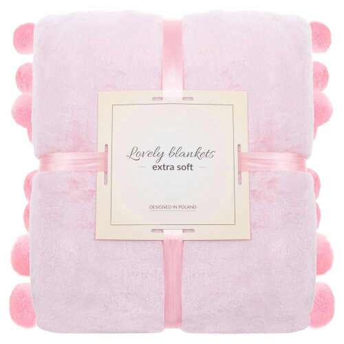Rózsaszín pomponos takaró, Lovely Blankets felirattal, extra puha, Lengyelországban tervezték