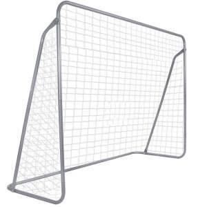 Сива стоманена футболна врата с бяла мрежа, изглед под ъгъл. - Футболна и хандбална врата