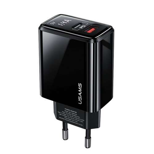 USAMS US-CC133 (T40) 20W Schnelllade-Wandladegerät mit digitalem Display, USB-C und USB-Anschlüssen, Schwarz