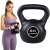 Springos 6 kg kettlebell, black, front view, woman holding it