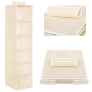Springos beige 6-shelf hanging closet organizer, unassembled and assembled views - Household Supply