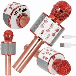 Detský karaoke mikrofón, bezdrôtový, s batériou, kompatibilný s iOS a Android, funkcia zmeny hlasu, ružový