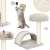 Springos cat scratching post with multiple levels, including a platform, a tunnel, and a hanging toy, with a cat playing on it