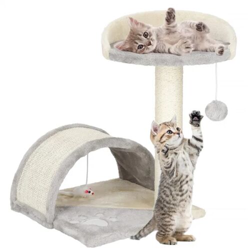 Cats playing on Springos cat tree with scratching post, condo, and dangling toy.