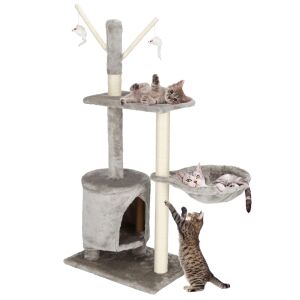 Cats playing on Springos cat tree with scratching posts, condo, perch, and hanging toys, grey and cream - Pet Care